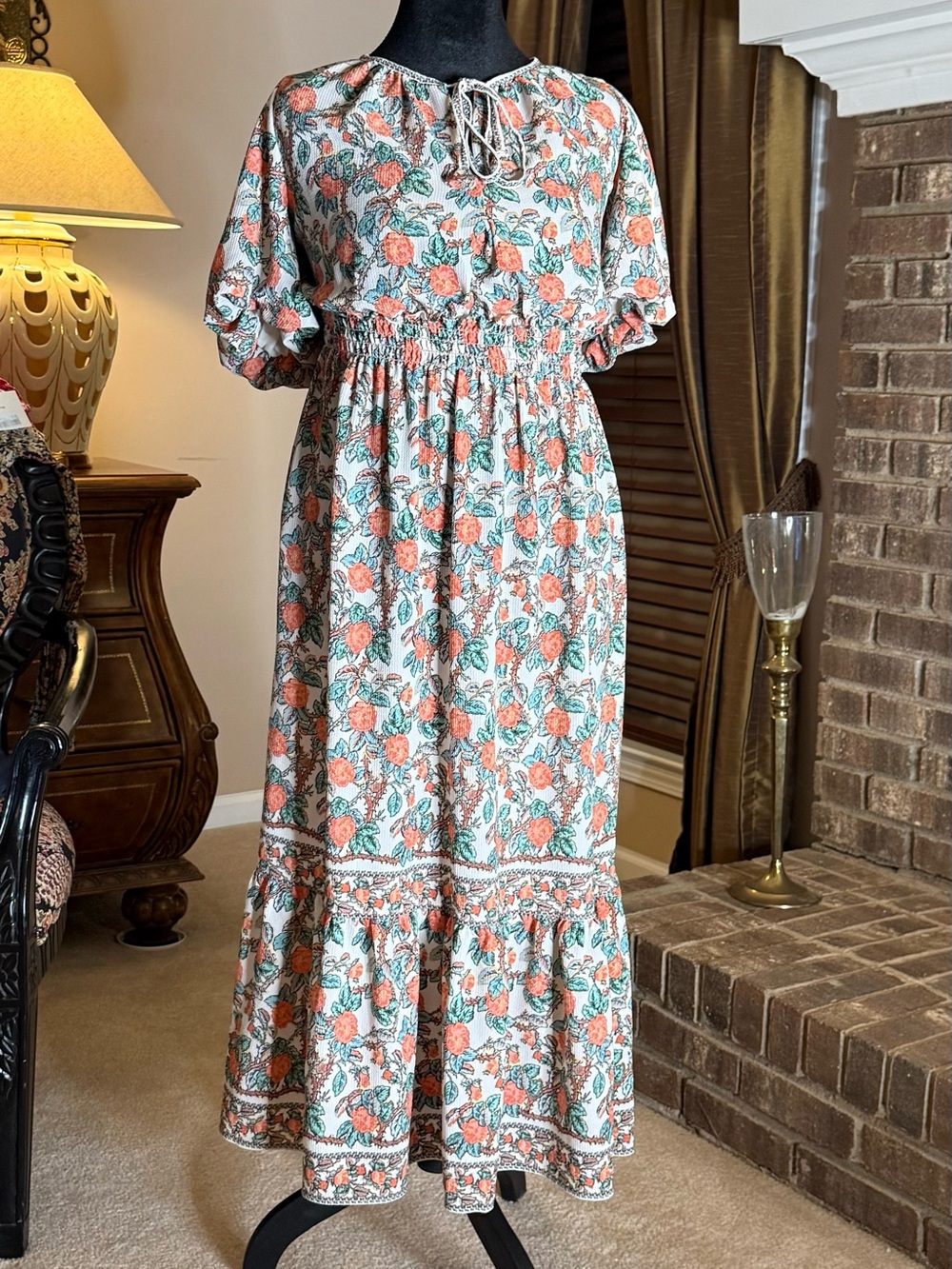 Max Studio XL coral floral smocked waist maxi dress Cottagecore